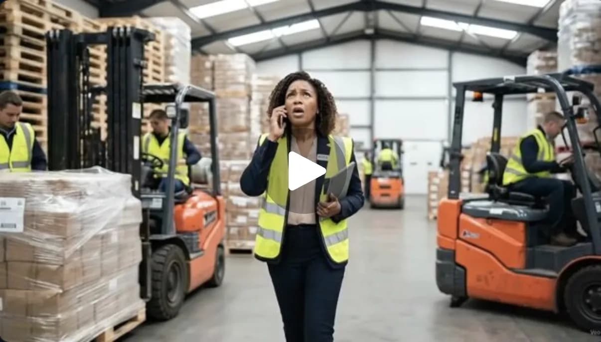 Scenario video still — a warehouse supervisor taking a phone call on the floor