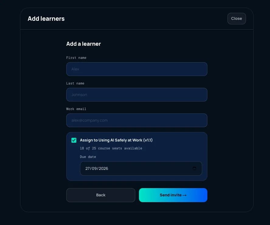 The Patario admin portal Add learners dialog: first name, last name and work email, with the course assignment ticked, the number of course seats available, and a due date.