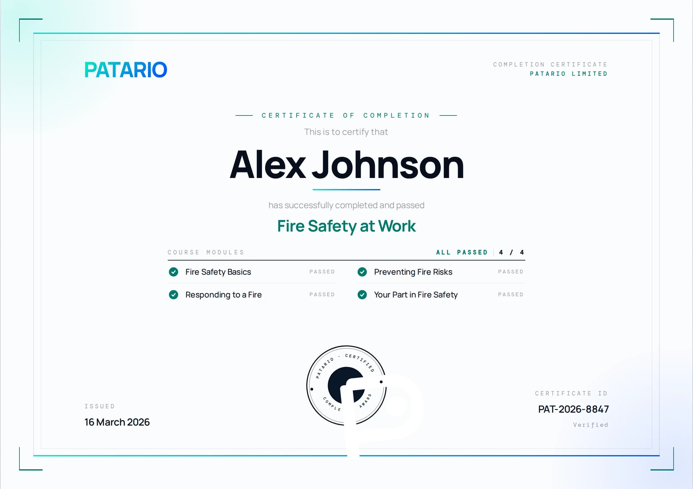 A Patario certificate of completion for Fire Safety at Work, issued to Alex Johnson on 16 March 2026, listing four passed modules and certificate ID PAT-2026-8847.