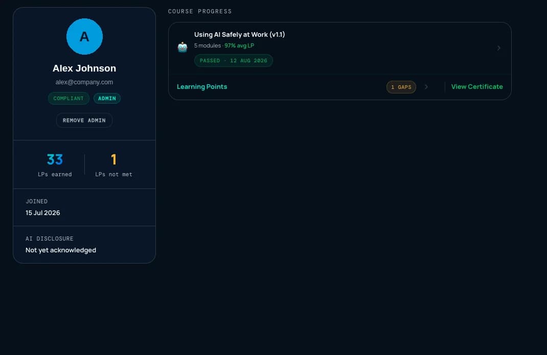 The Patario admin portal showing a learner record with compliant and admin badges, learning points earned and not met, joined date, AI disclosure status, and a course progress card marked passed.