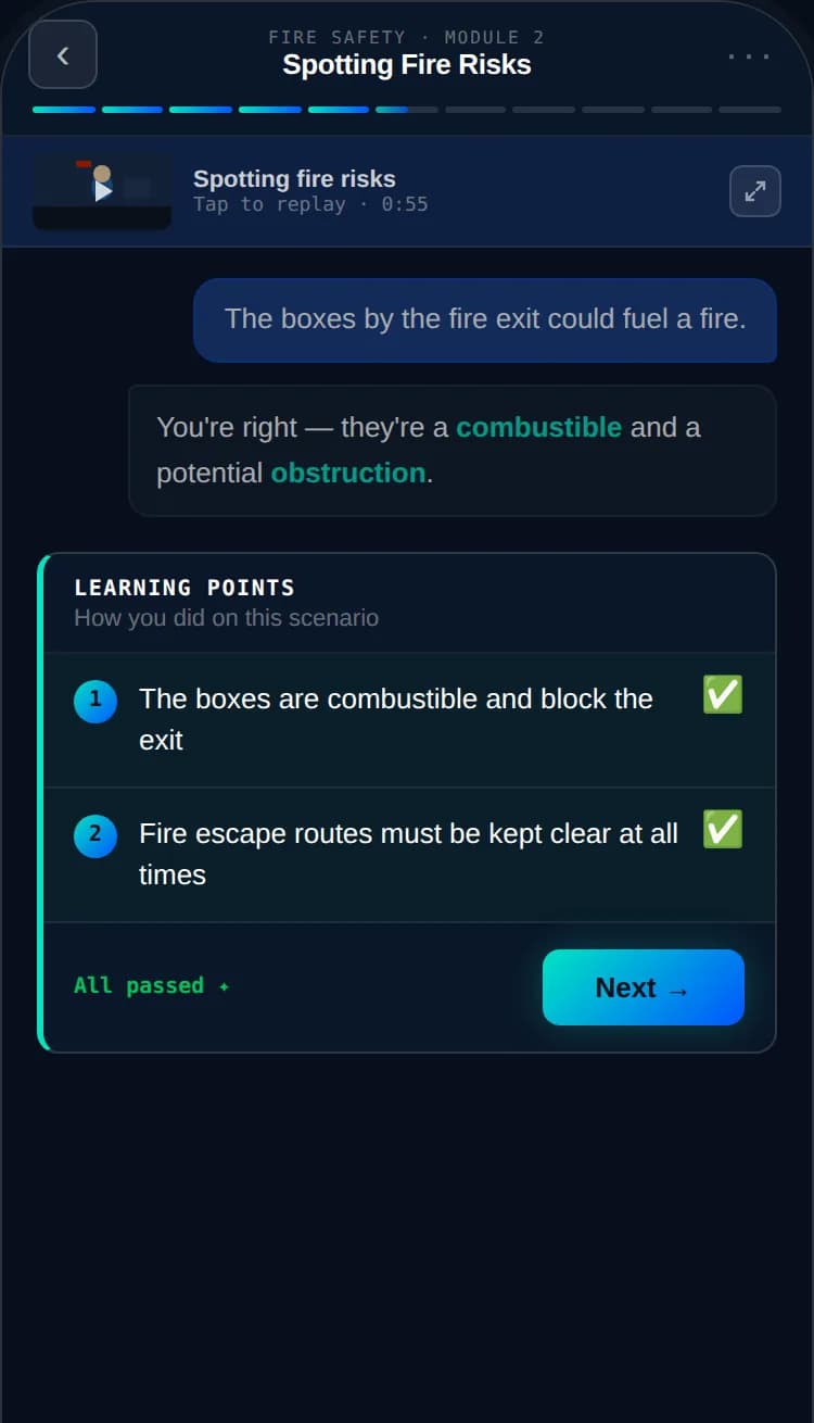 The Patario learner app showing two learning points for a fire safety scenario, both met, with a Next button.