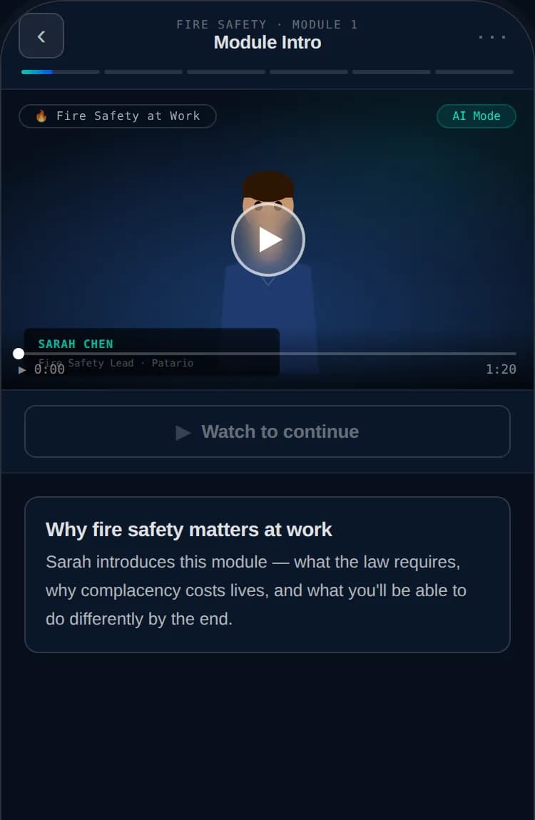 The Patario learner app showing the guide video for Fire Safety at Work, Module 1, titled “Why fire safety matters at work”.