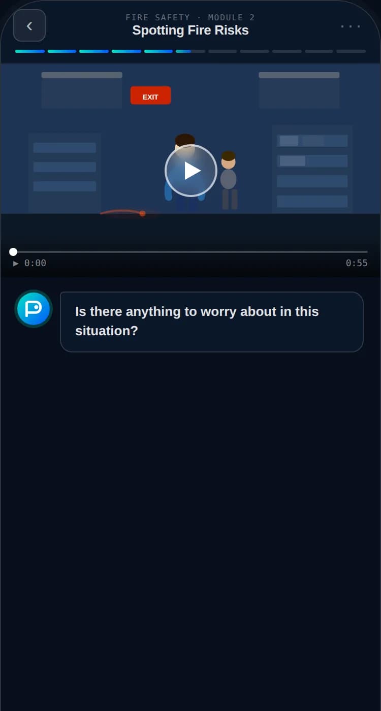 The Patario learner app playing a workplace scenario video for Spotting Fire Risks, with the tutor’s opening question below it.