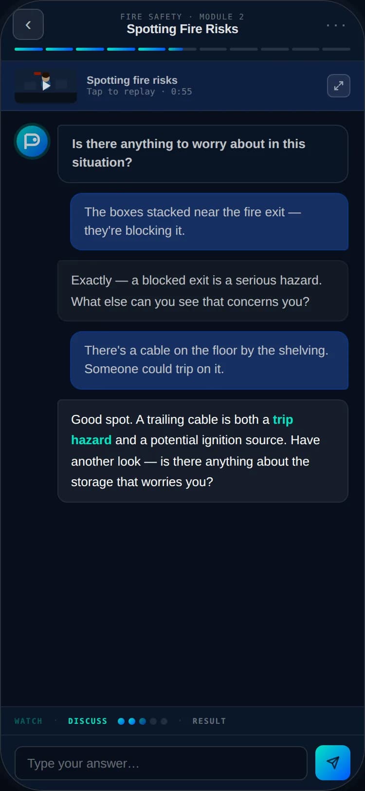 The Patario learner app showing a conversation between the tutor and a learner about spotting fire risks, with the scenario video docked at the top.